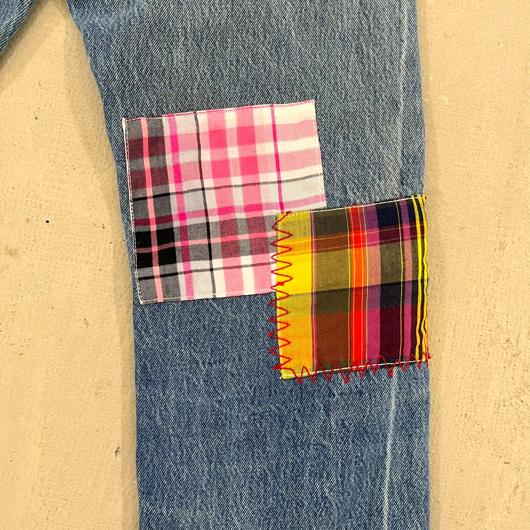 F- HOM Plaid Green/Blue Back Pocket Levi's 501 Reworked Custom Jeans