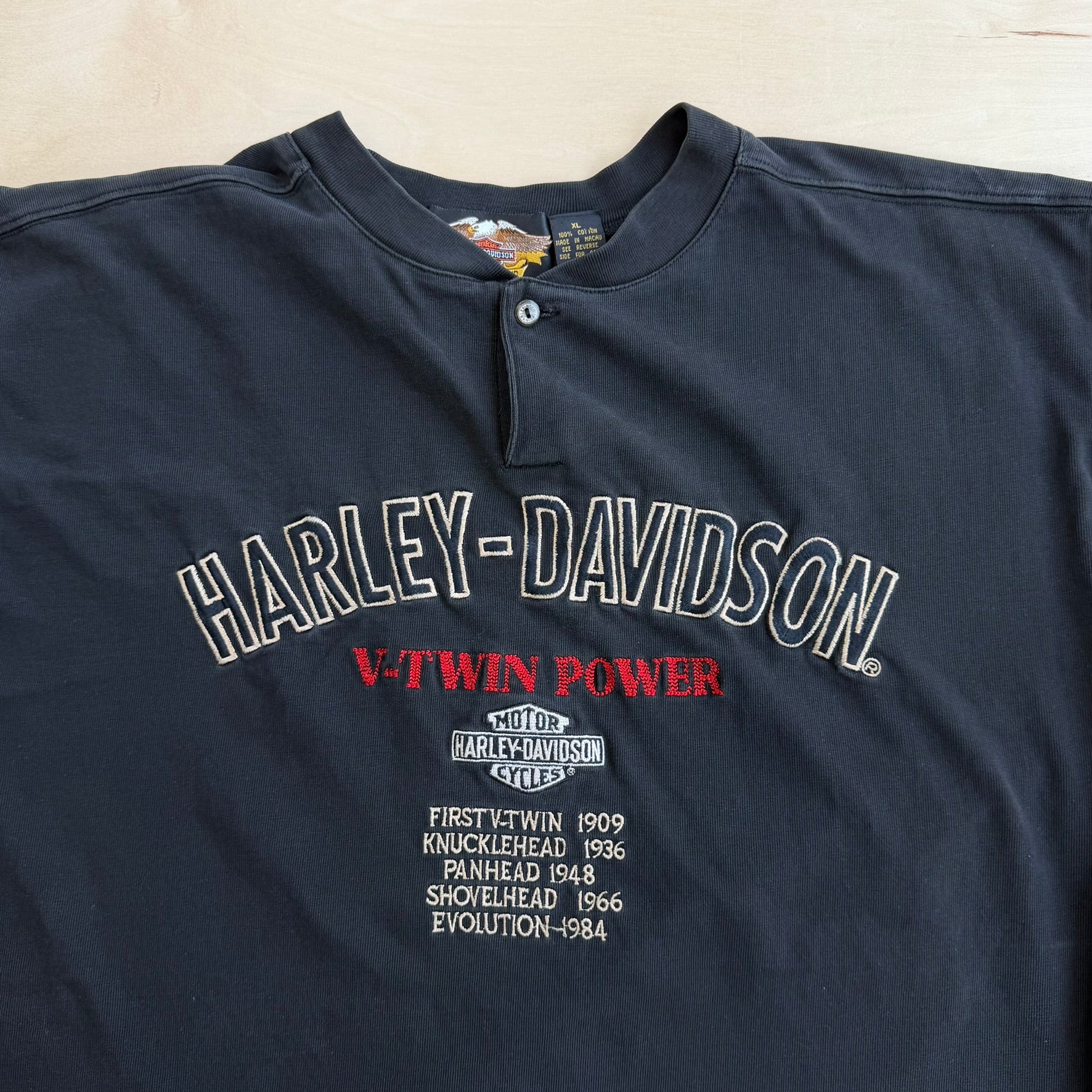 J- Vintage Harley Davidson V-Twin Power Embroidered Logo & Text Long Sleeve Tee - XL