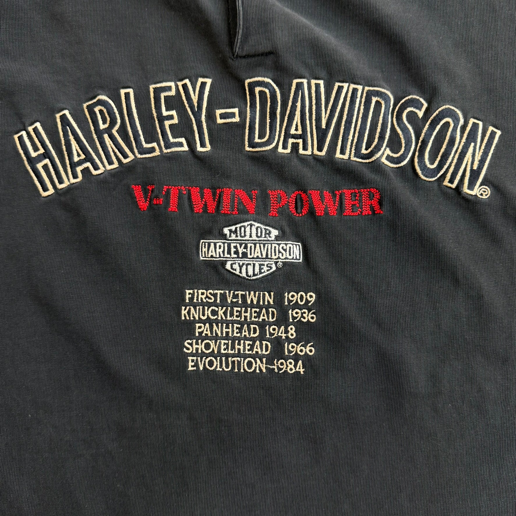 J- Vintage Harley Davidson V-Twin Power Embroidered Logo & Text Long Sleeve Tee - XL
