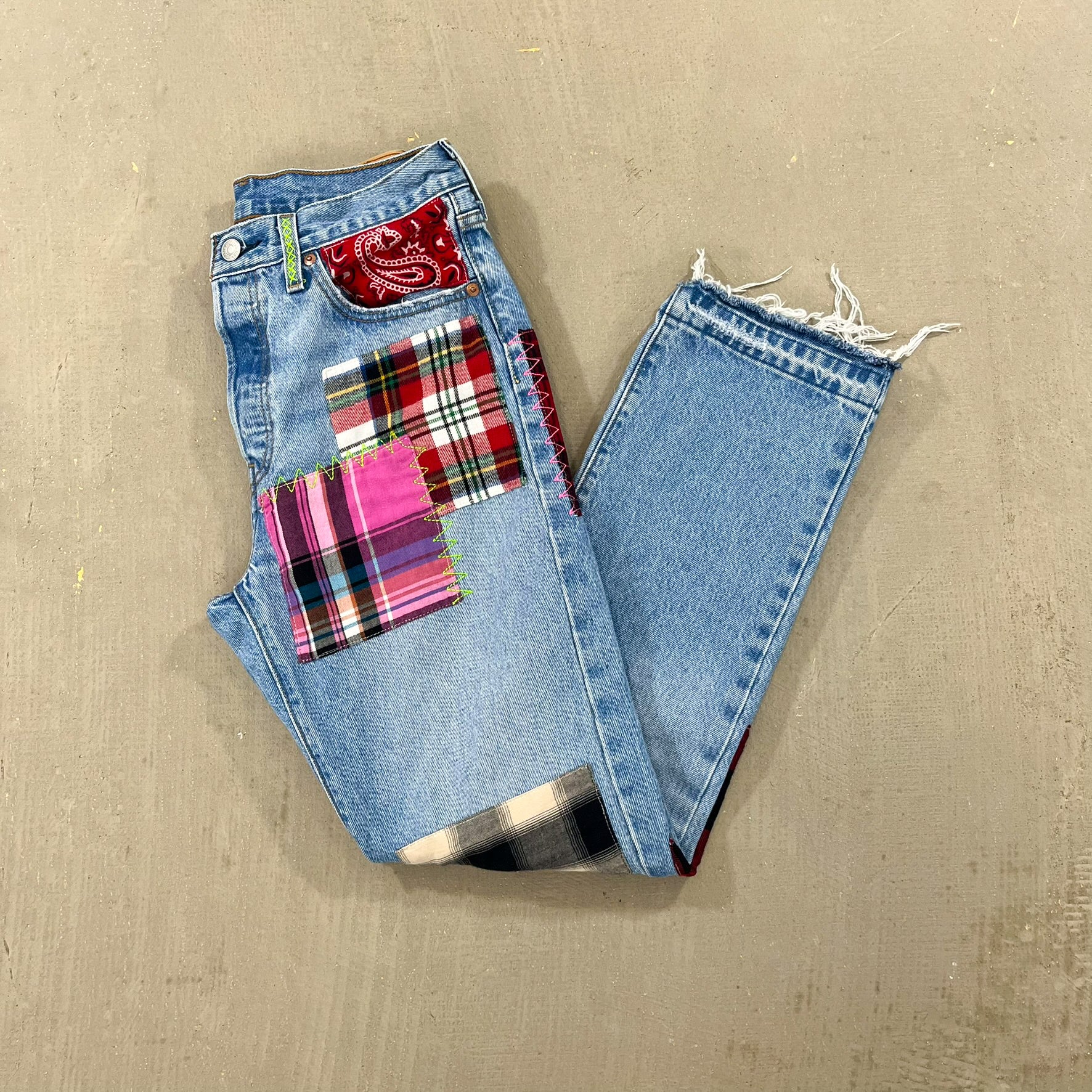 F- HOM Plaid & Pocket Bandana Levi's 501 Reworked Custom Jeans