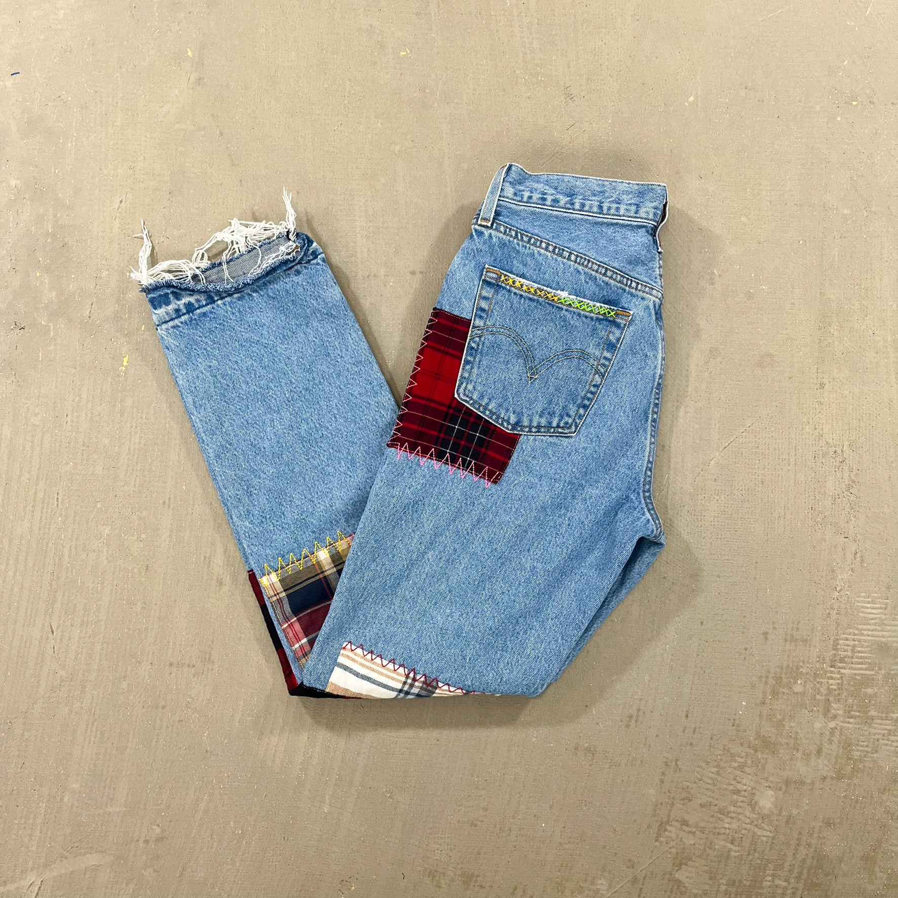 F- HOM Plaid & Pocket Bandana Levi's 501 Reworked Custom Jeans