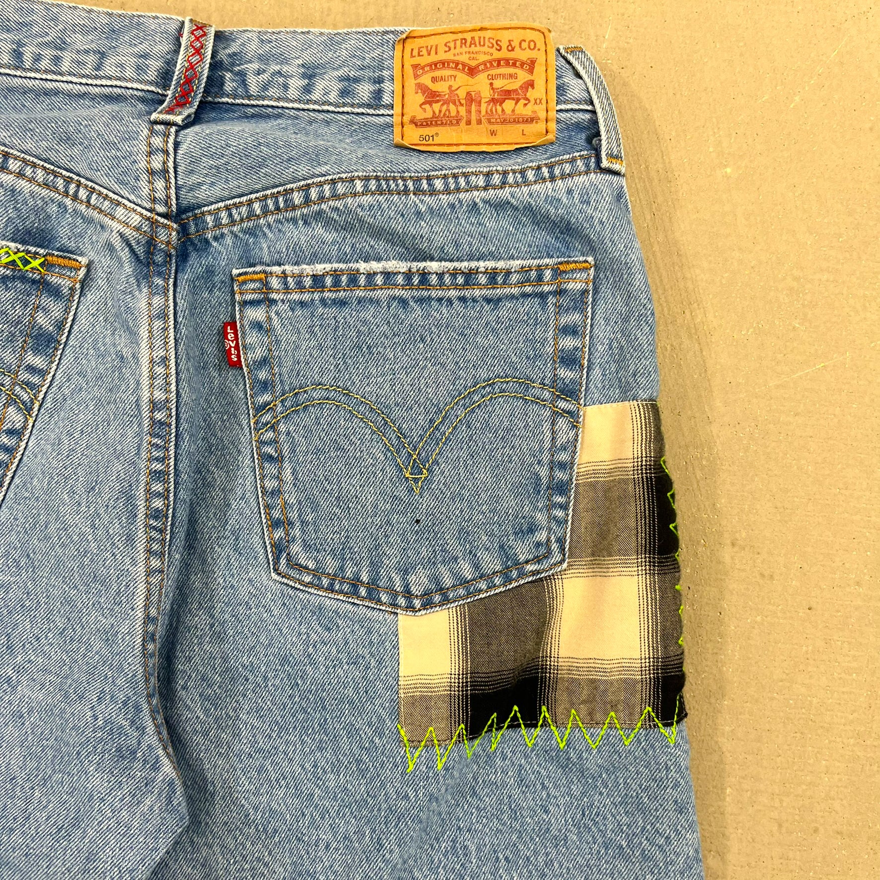 F- HOM Plaid & Pocket Bandana Levi's 501 Reworked Custom Jeans
