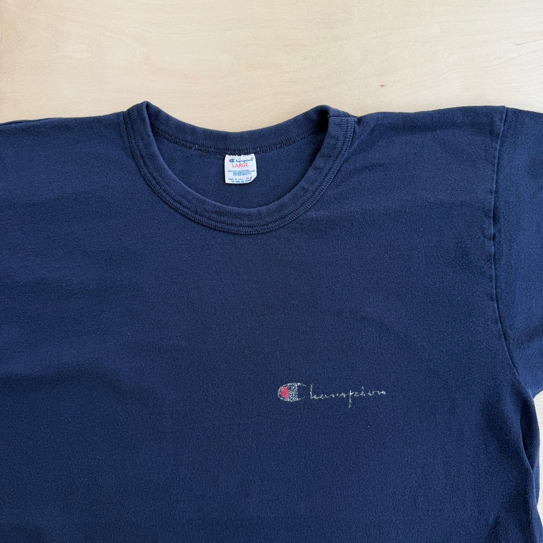 J- Vintage 80s Champion Text & Logo Graphic Made In USA Single Stitch Tee - L