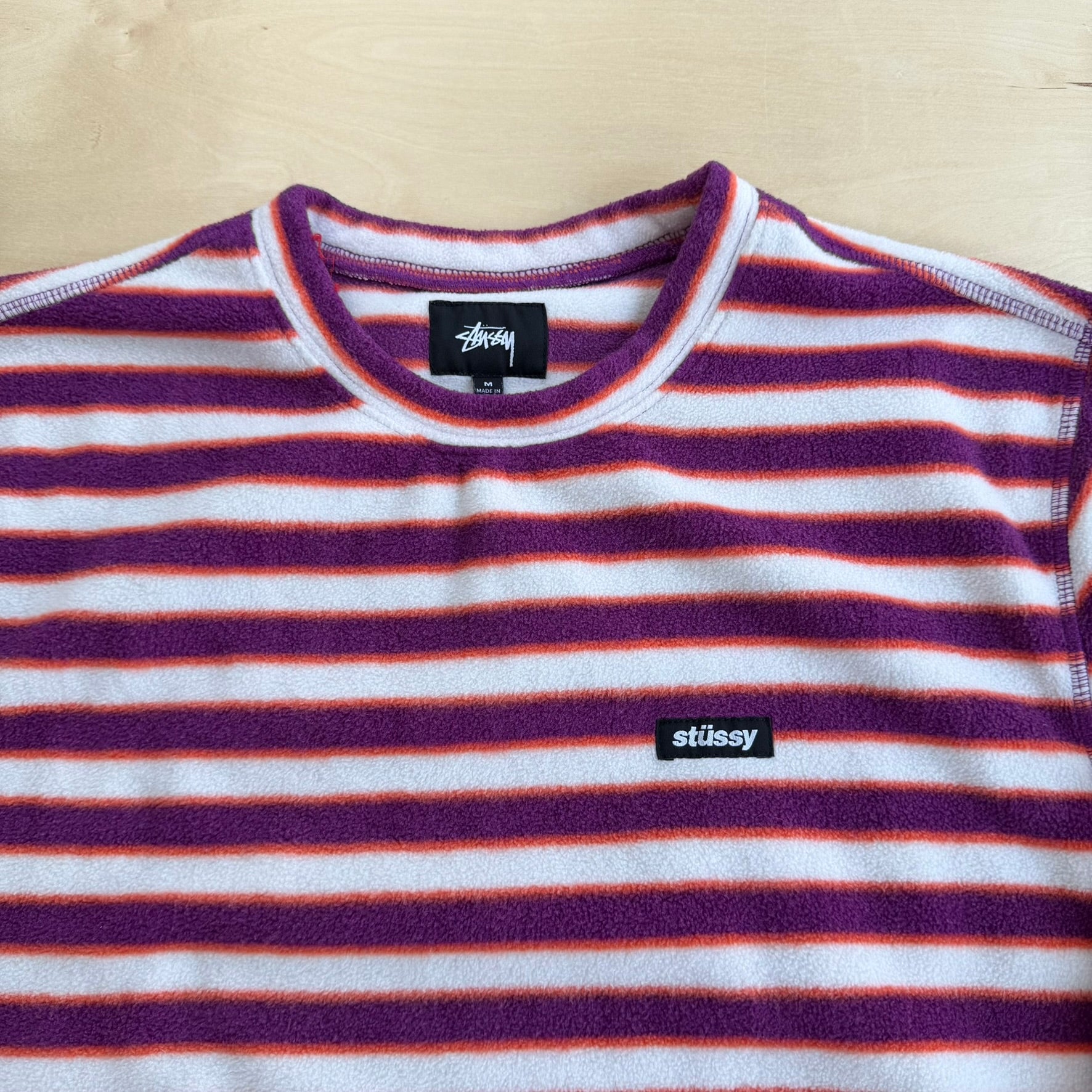 J- Vintage Stussy Text Striped Polar Fleece Crewneck - M