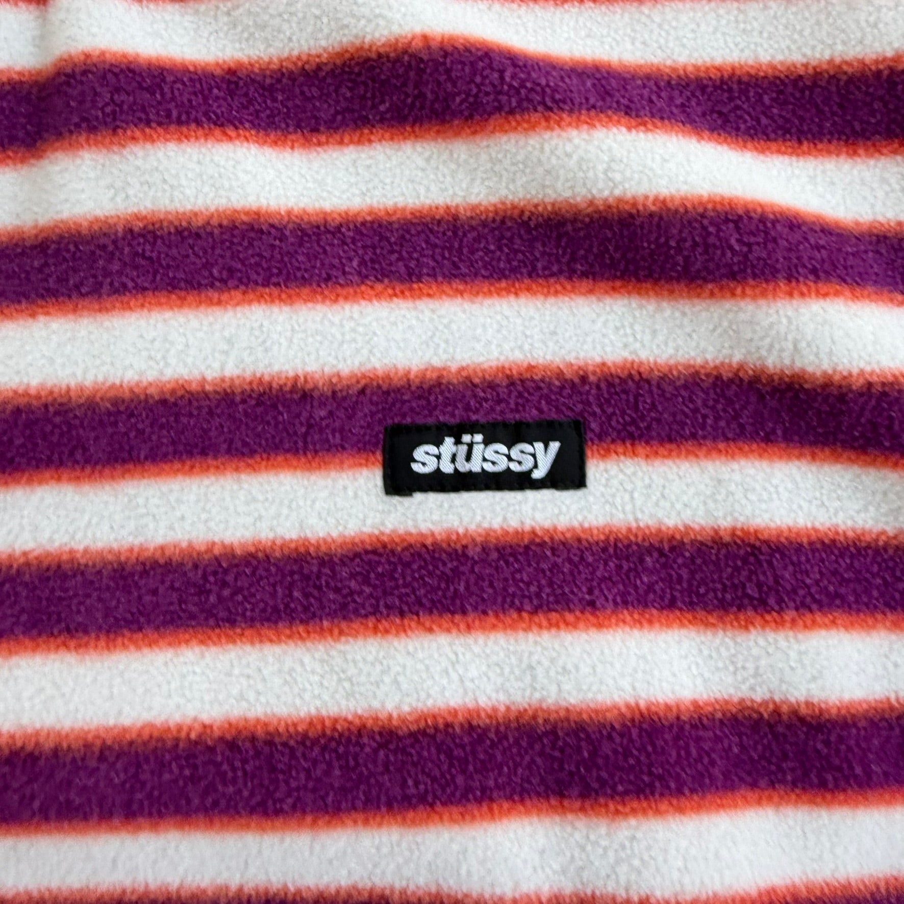 J- Vintage Stussy Text Striped Polar Fleece Crewneck - M