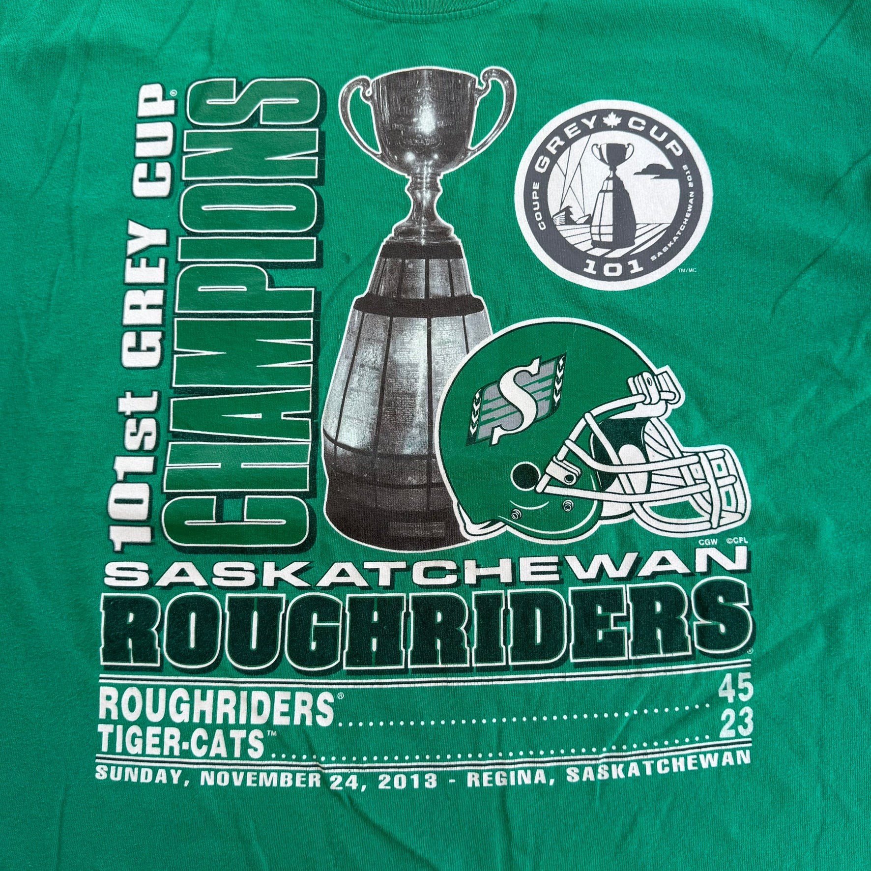 J- Vintage '13 Saskatchewan Roughriders CFL 101st Grey Cup Champions Graphic Tee - L