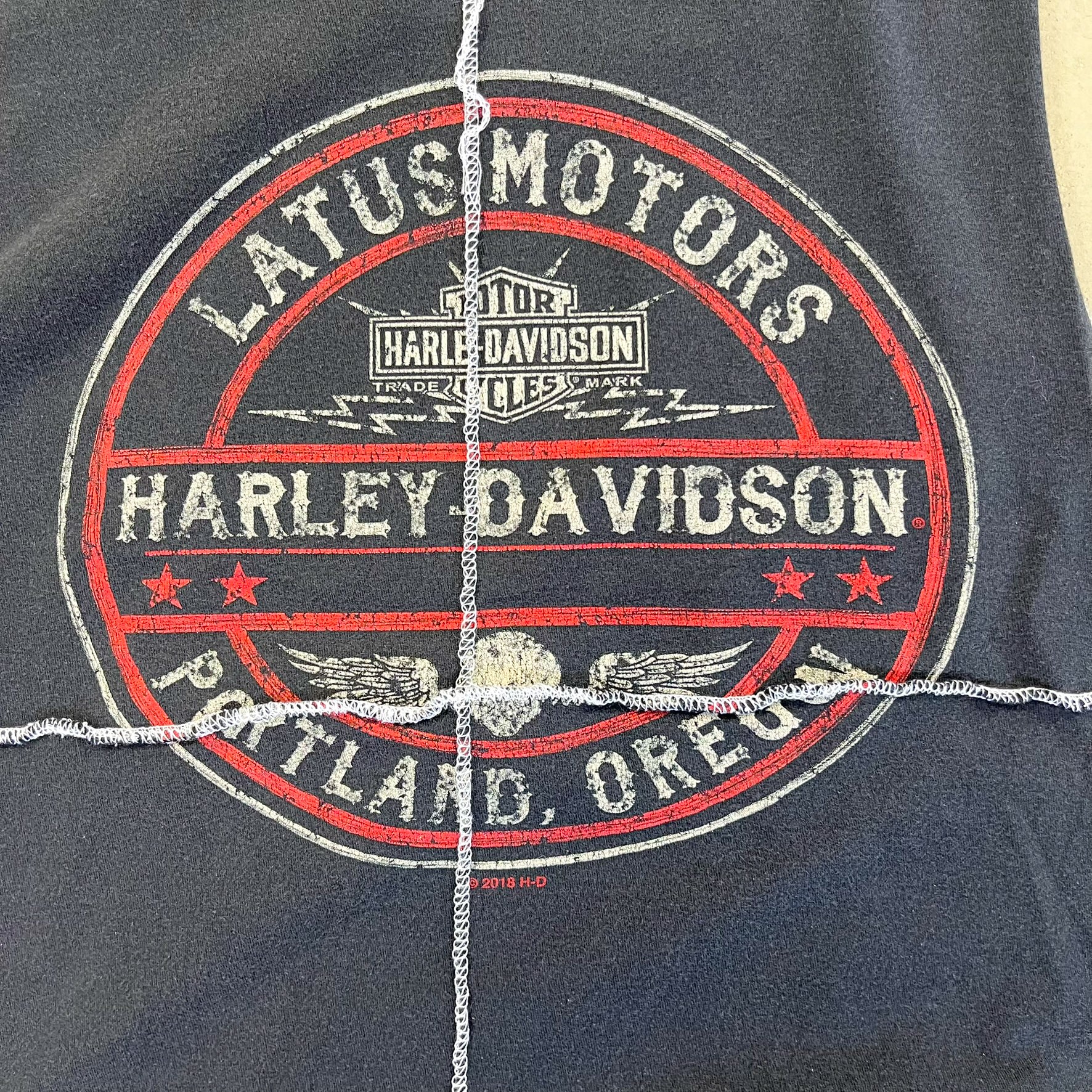 F- HOM Harley Davidson Portland Reworked Dbl Stitch Crop Top