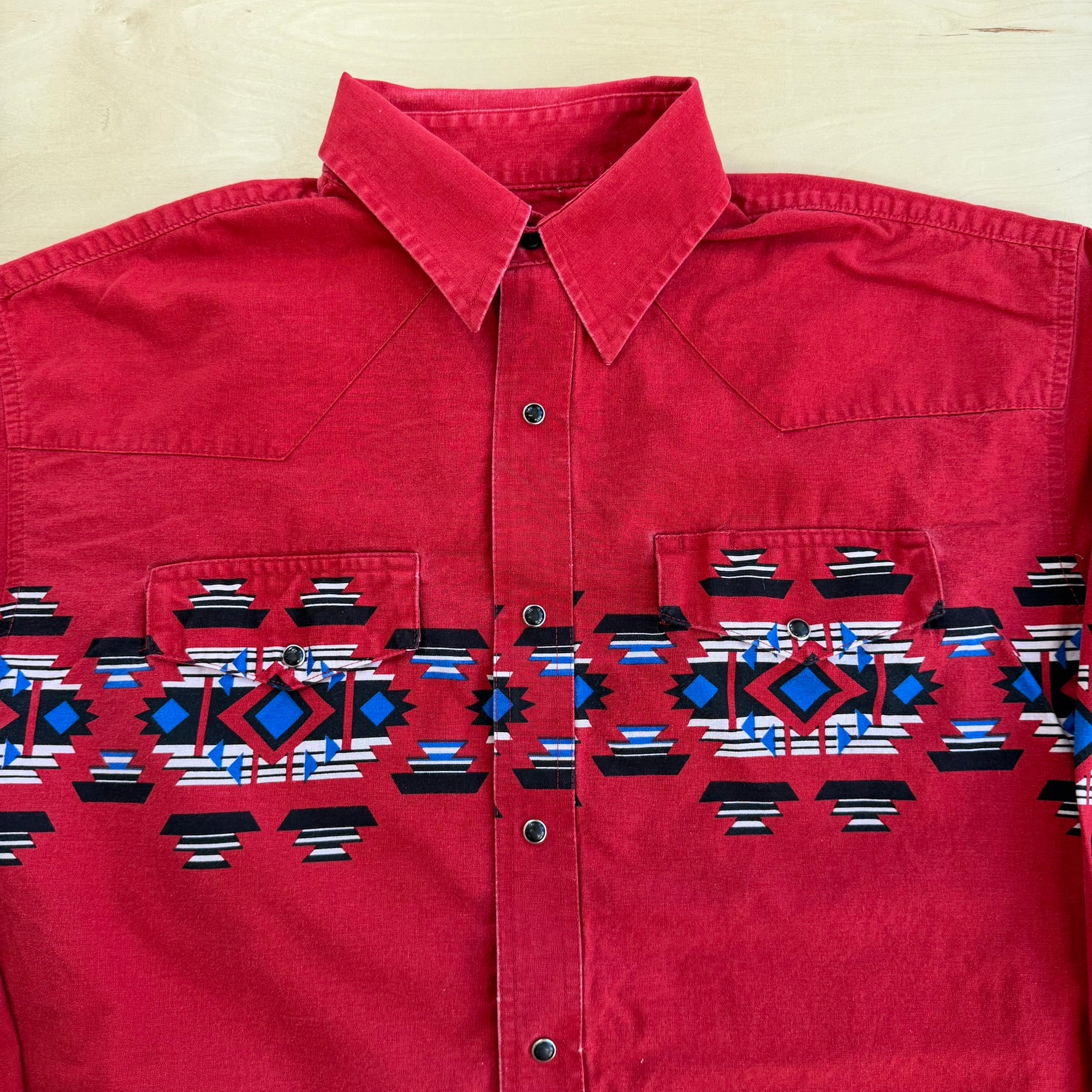 J- Vintage Wrangler Western Graphic Red Snap Button Down Shirt - L