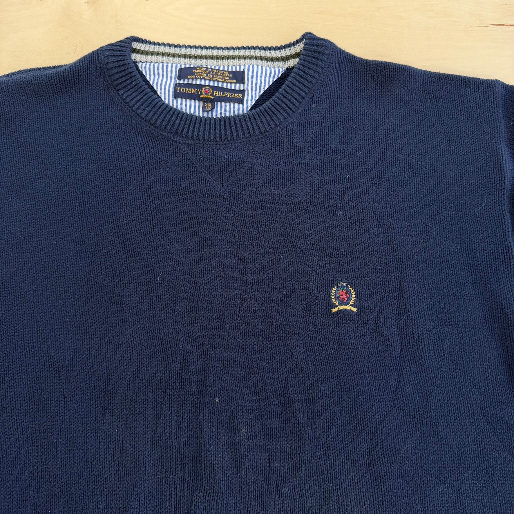 J- Vintage Tommy Hilfiger Embroidered Crest Navy Knit Sweater - 2XL