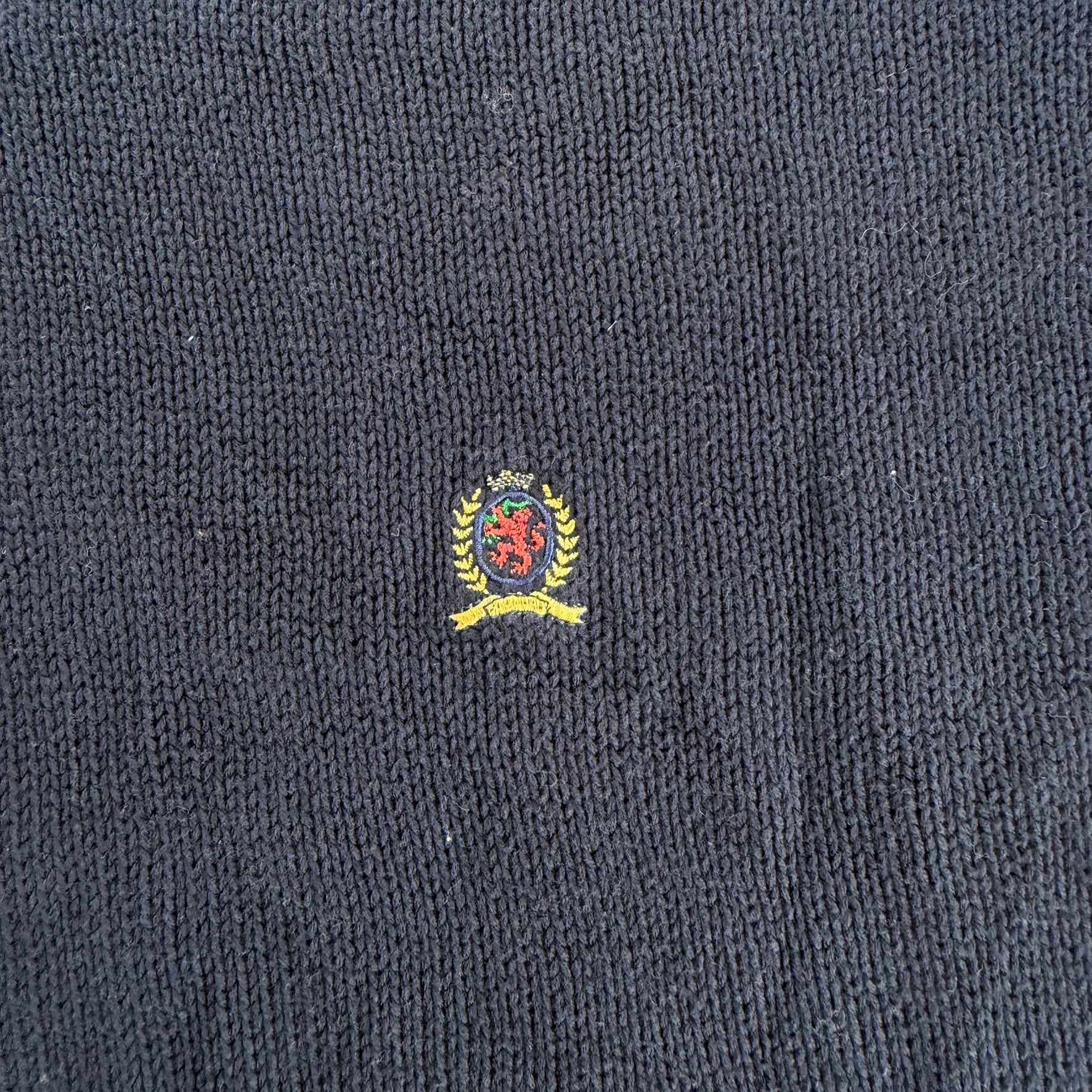 J- Vintage Tommy Hilfiger Embroidered Crest Navy Knit Sweater - 2XL