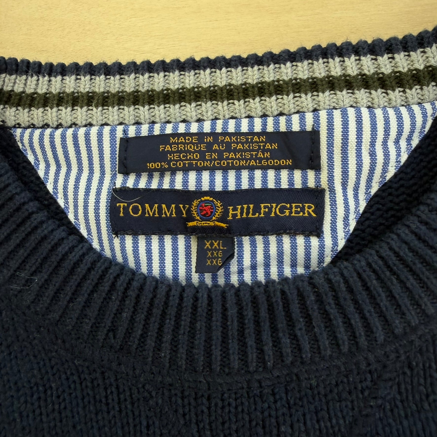 J- Vintage Tommy Hilfiger Embroidered Crest Navy Knit Sweater - 2XL