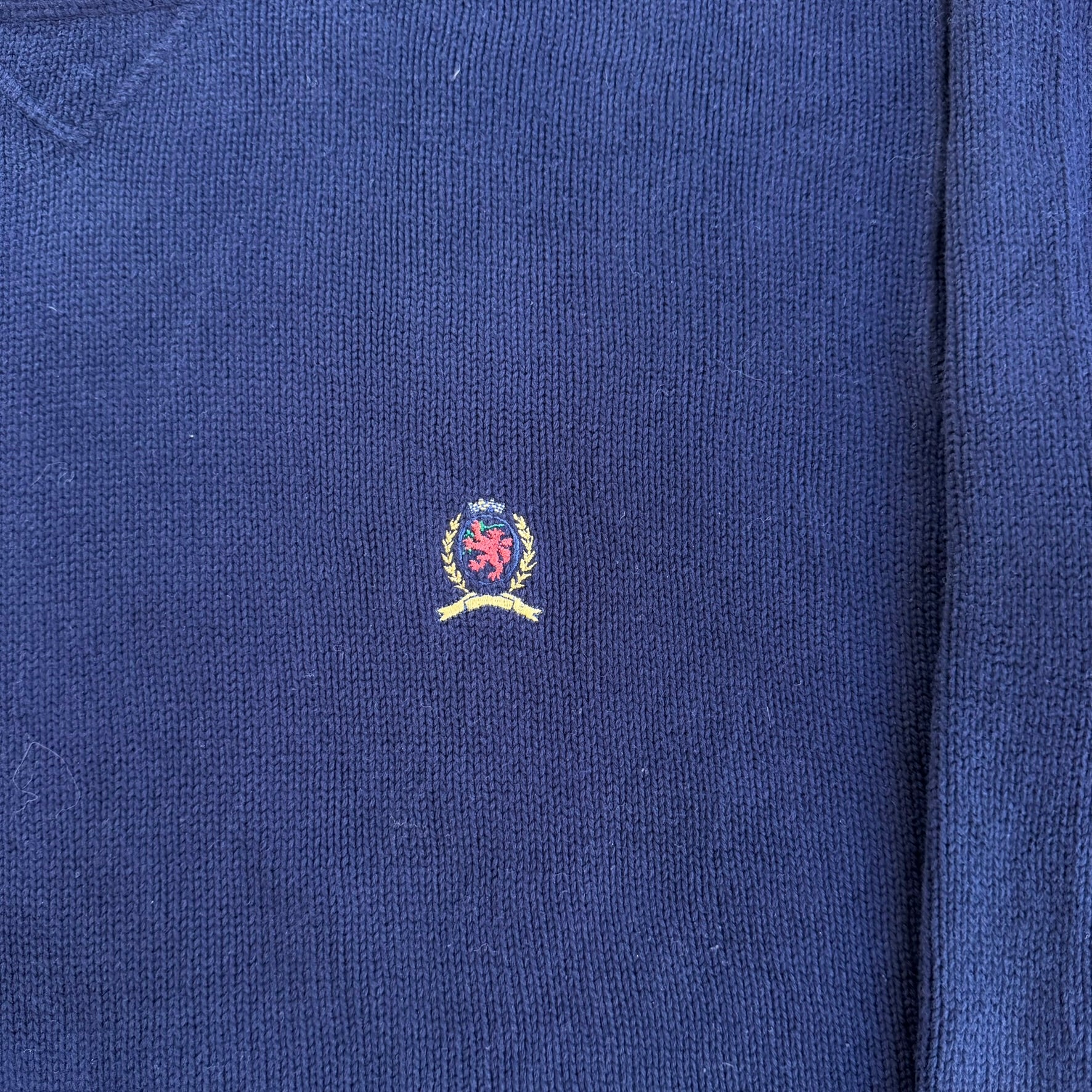 J- Vintage Tommy Hilfiger Embroidered Crest Navy Knit Sweater - L