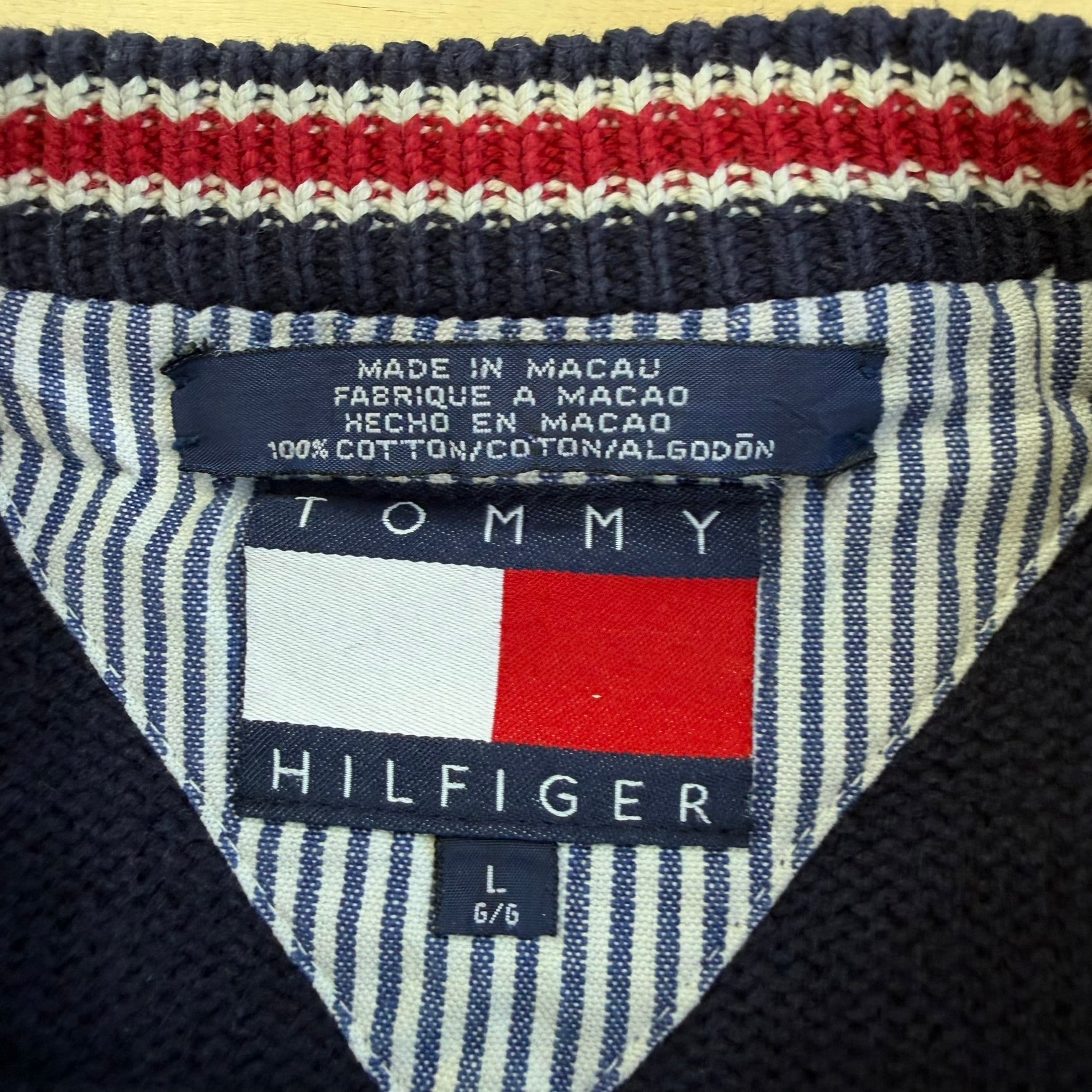 J- Vintage Tommy Hilfiger Embroidered Crest Navy Knit Sweater - L