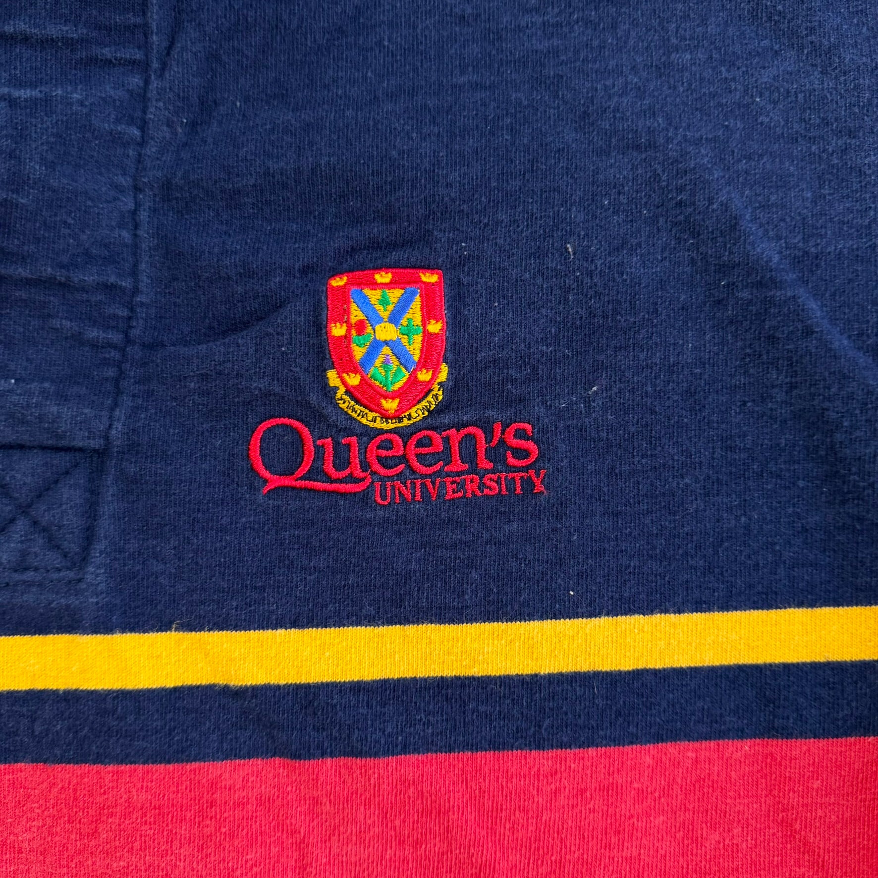 J- Vintage Queens University Embroidered Crest Long Sleeve Rugby Shirt - L