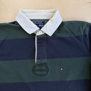 J- Vintage Tommy Hilfiger Embroidered Logo Navy/Green Long Sleeve Rugby Shirt - L