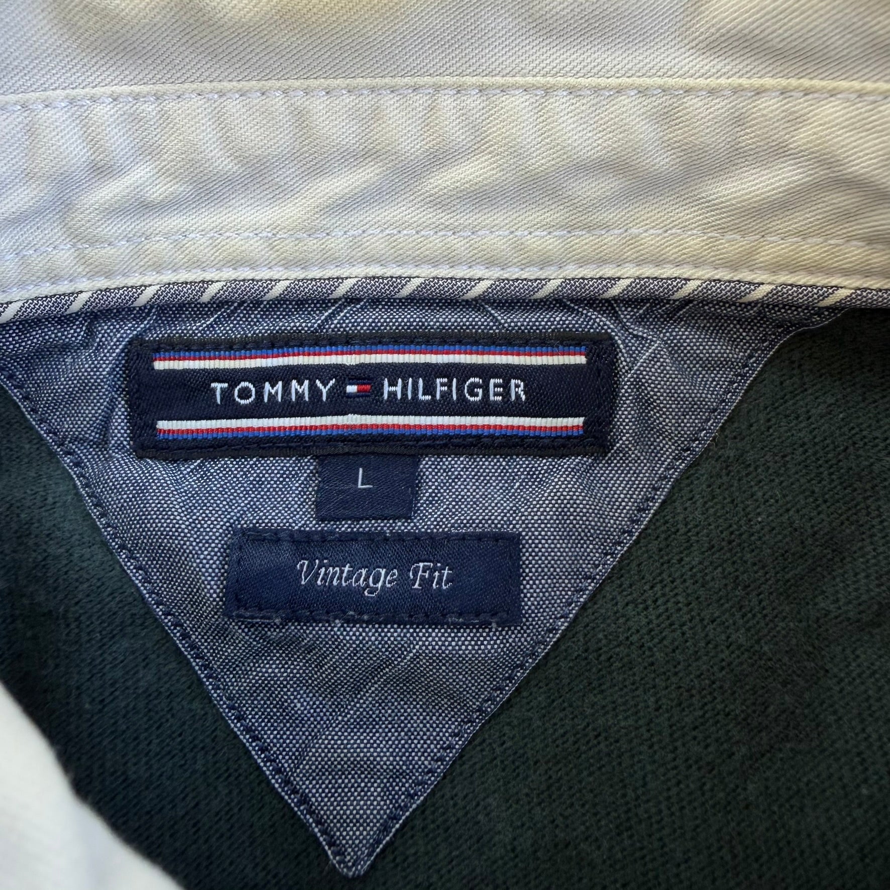 J- Vintage Tommy Hilfiger Embroidered Logo Navy/Green Long Sleeve Rugby Shirt - L
