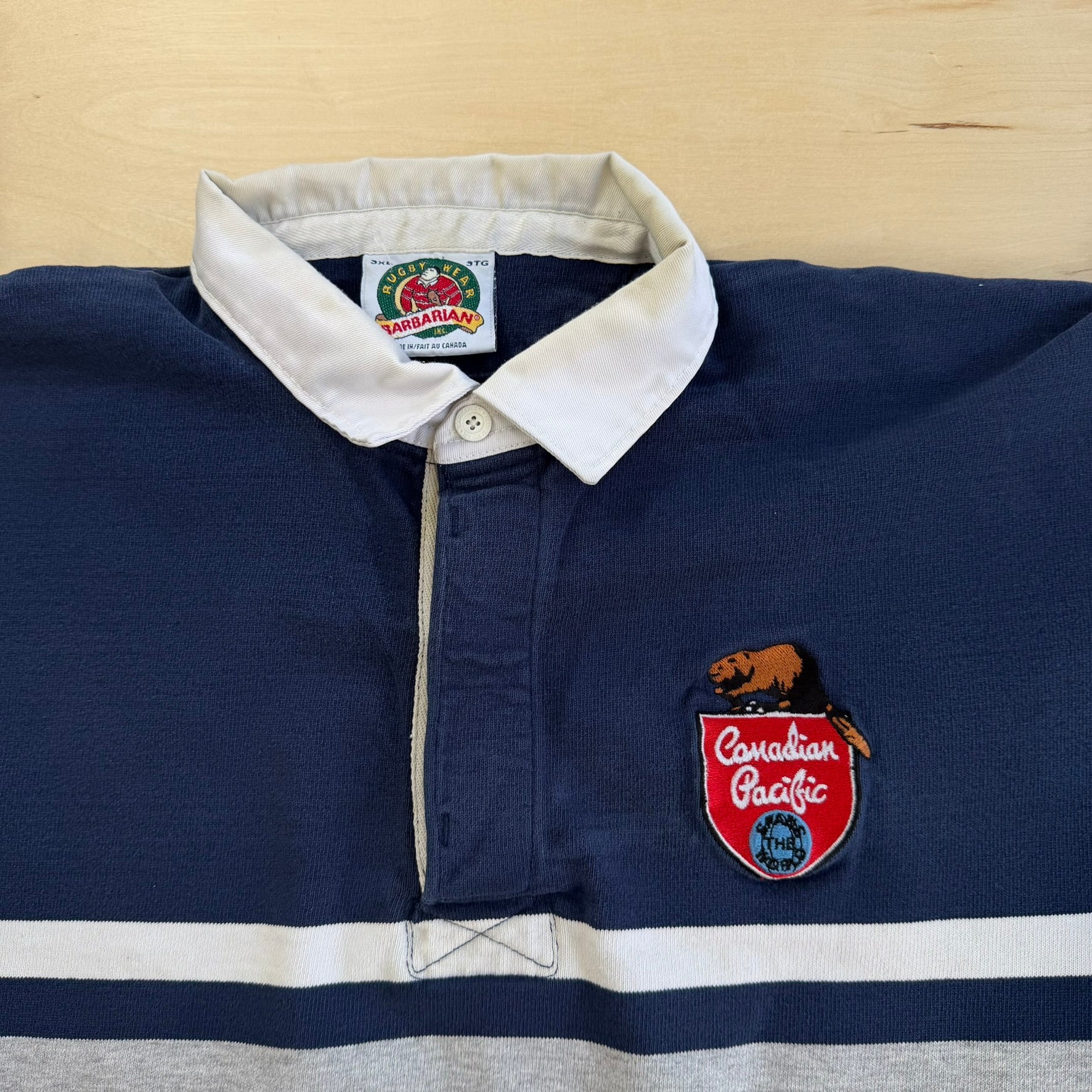 J- Vintage Barbarian Rugbywear Canadian Pacific Embroidered Patch Long Sleeve Rugby Shirt - 3XL