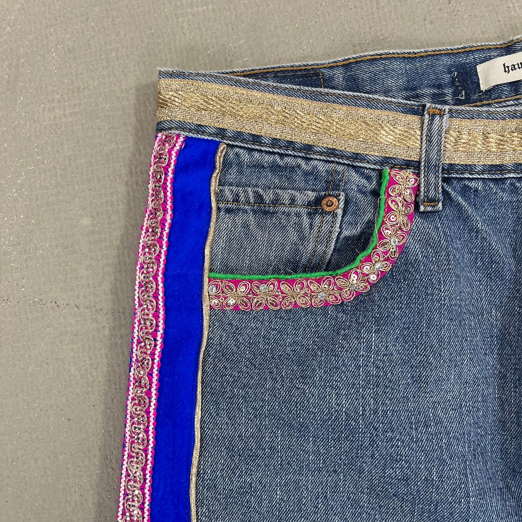 F- HOM Hand Beaded Levi's 550 Reworked Custom Jeans