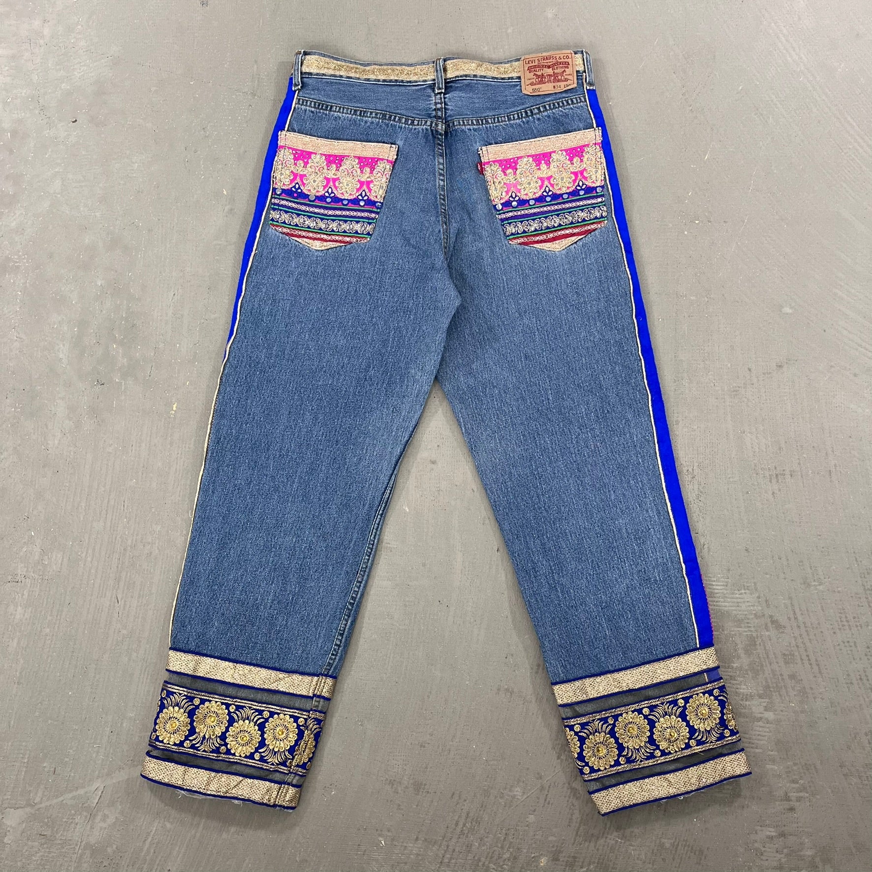 F- HOM Hand Beaded Levi's 550 Reworked Custom Jeans
