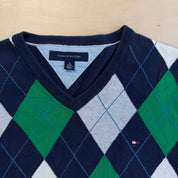 J- Vintage Tommy Hilfiger Embroidered Logo Diamond Pattern Sweater - M