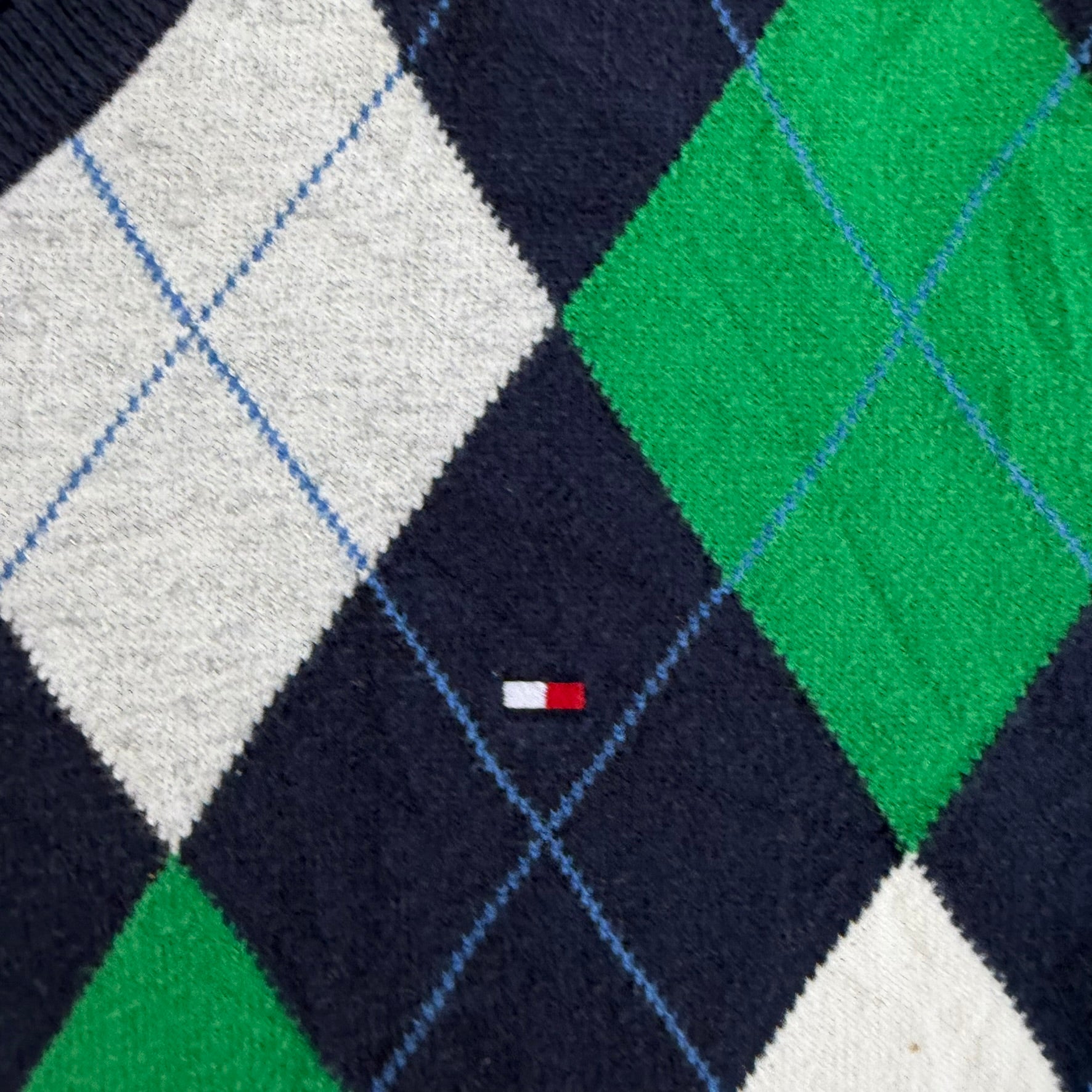 J- Vintage Tommy Hilfiger Embroidered Logo Diamond Pattern Sweater - M