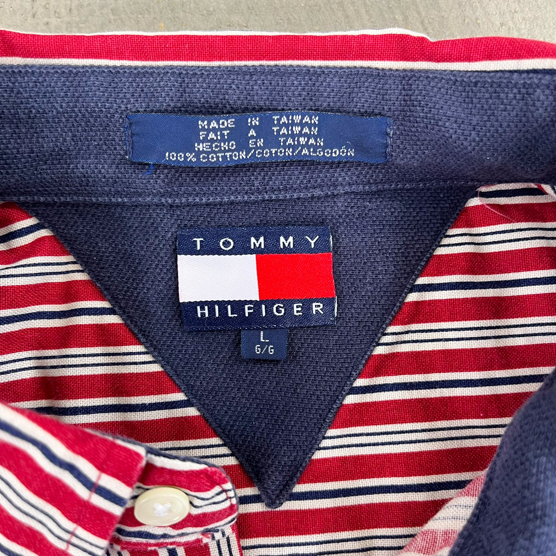 F- Vintage Tommy Hilfiger Navy/Red Striped Button Down Shirt