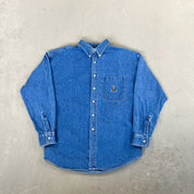 F- Vintage Chaps Ralph Lauren Emb Crest Denim Button Down Shirt