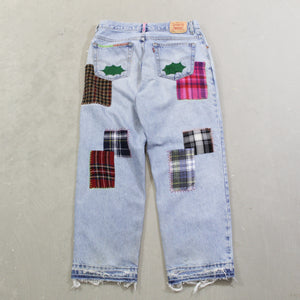 D- HOM Plaid Patches Reworked Levi's Husky Fit 34x28 Jeans