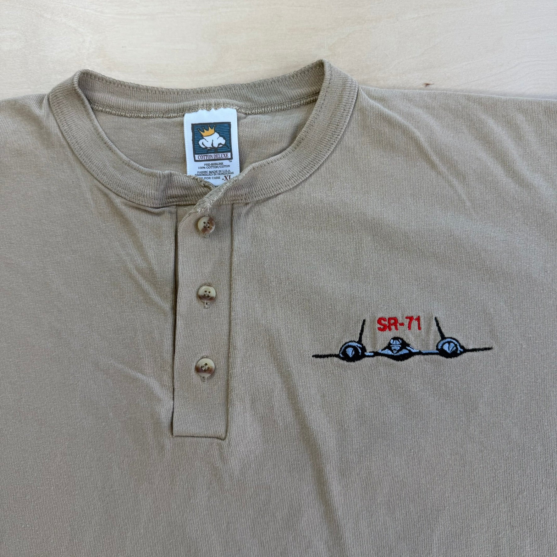 J- Vintage SR-71 Blackbird Stealth Bomber Embroidered Graphic Single Stitch Henley Tee - XL