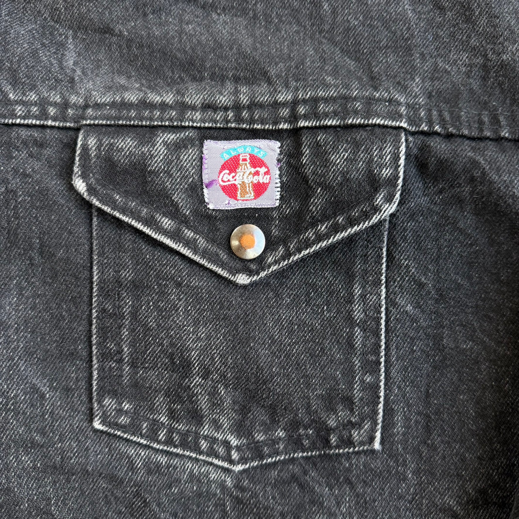 J- Vintage 90s Coca Cola Embroidered Logo Black Denim Jacket - XL