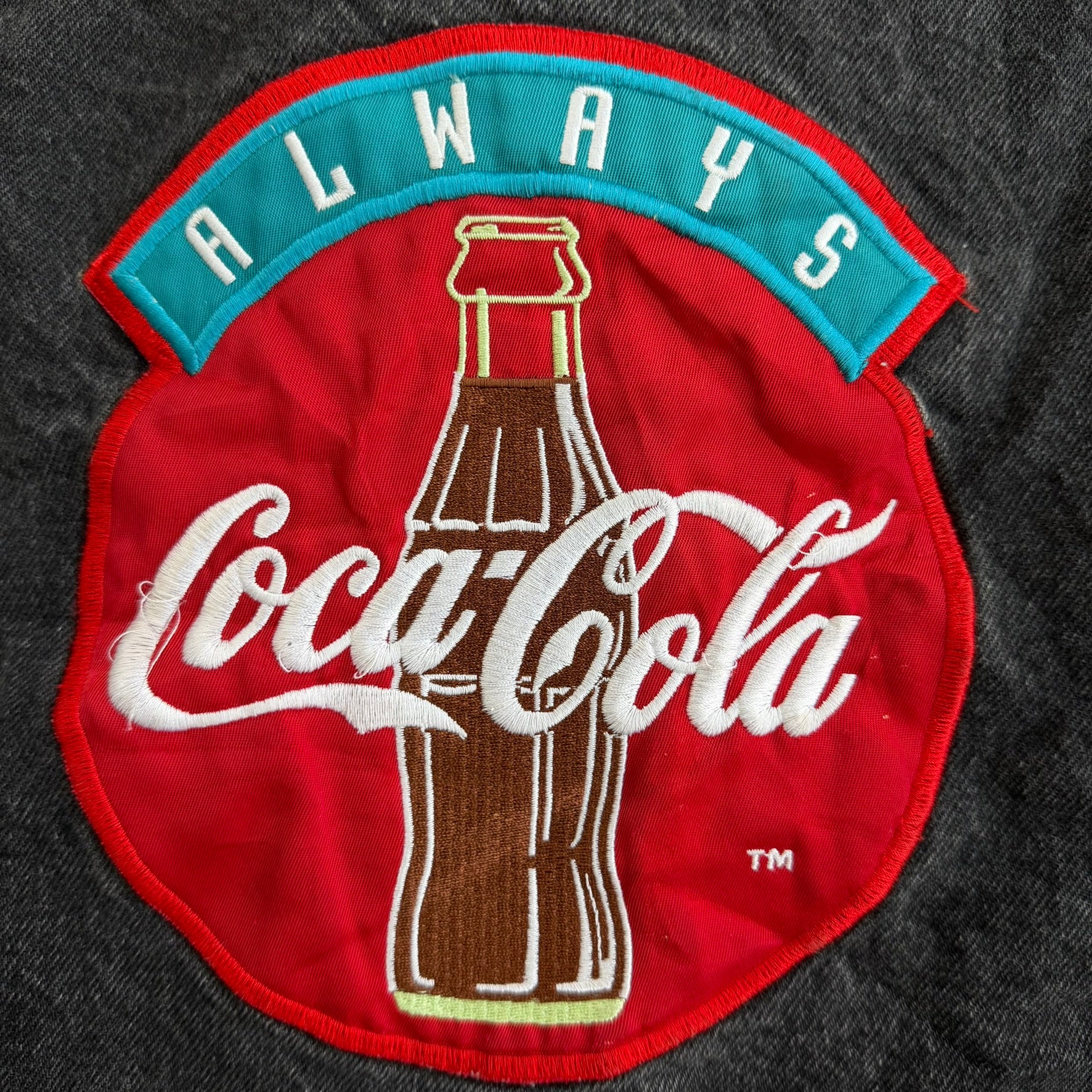 J- Vintage 90s Coca Cola Embroidered Logo Black Denim Jacket - XL