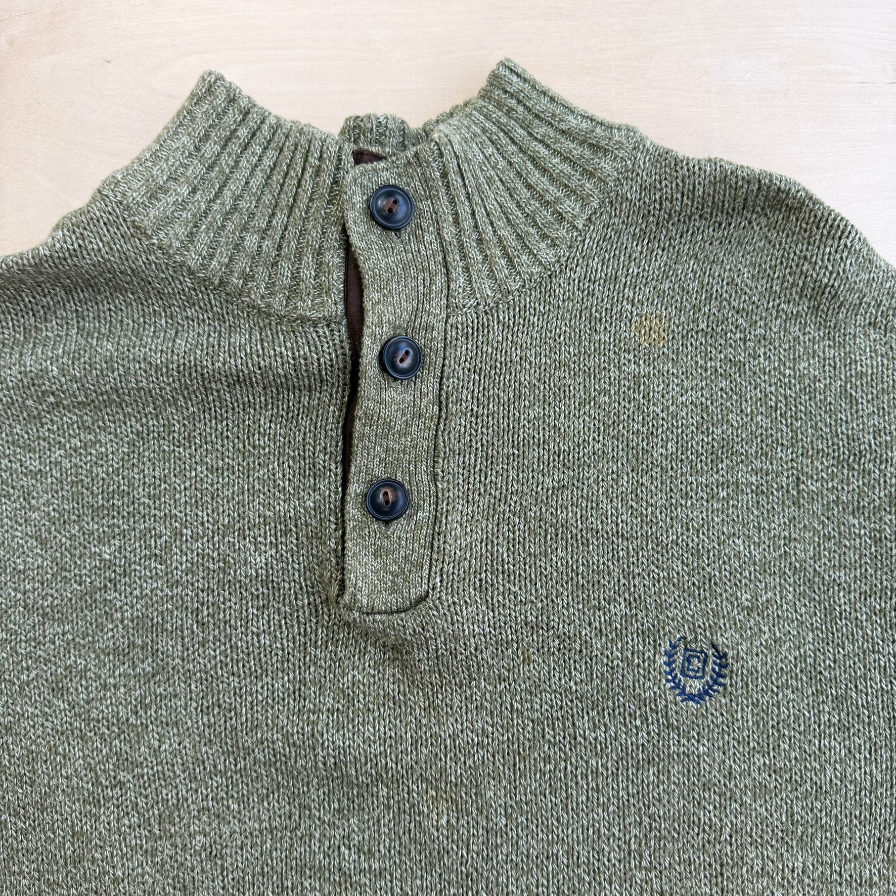 J- Vintage Chaps RL Embroidered Logo Olive Green Henley Knit Sweater - L