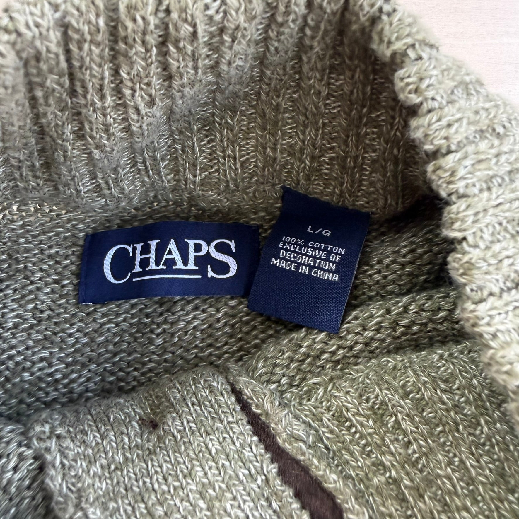 J- Vintage Chaps RL Embroidered Logo Olive Green Henley Knit Sweater - L
