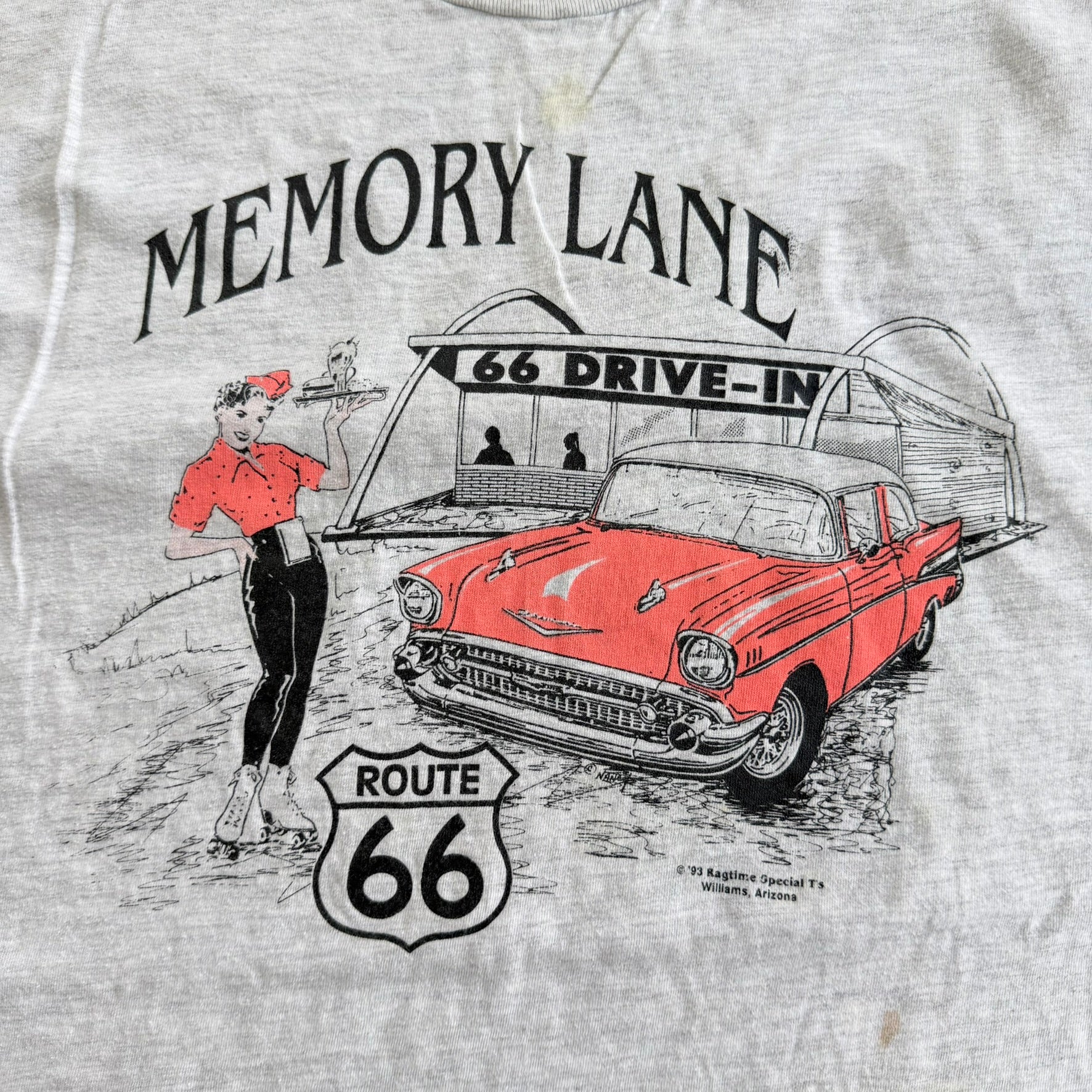 J- Vintage '93 Memory Lane Route 66 Drive In Graphic Made In USA Single Stitch Tee - XL