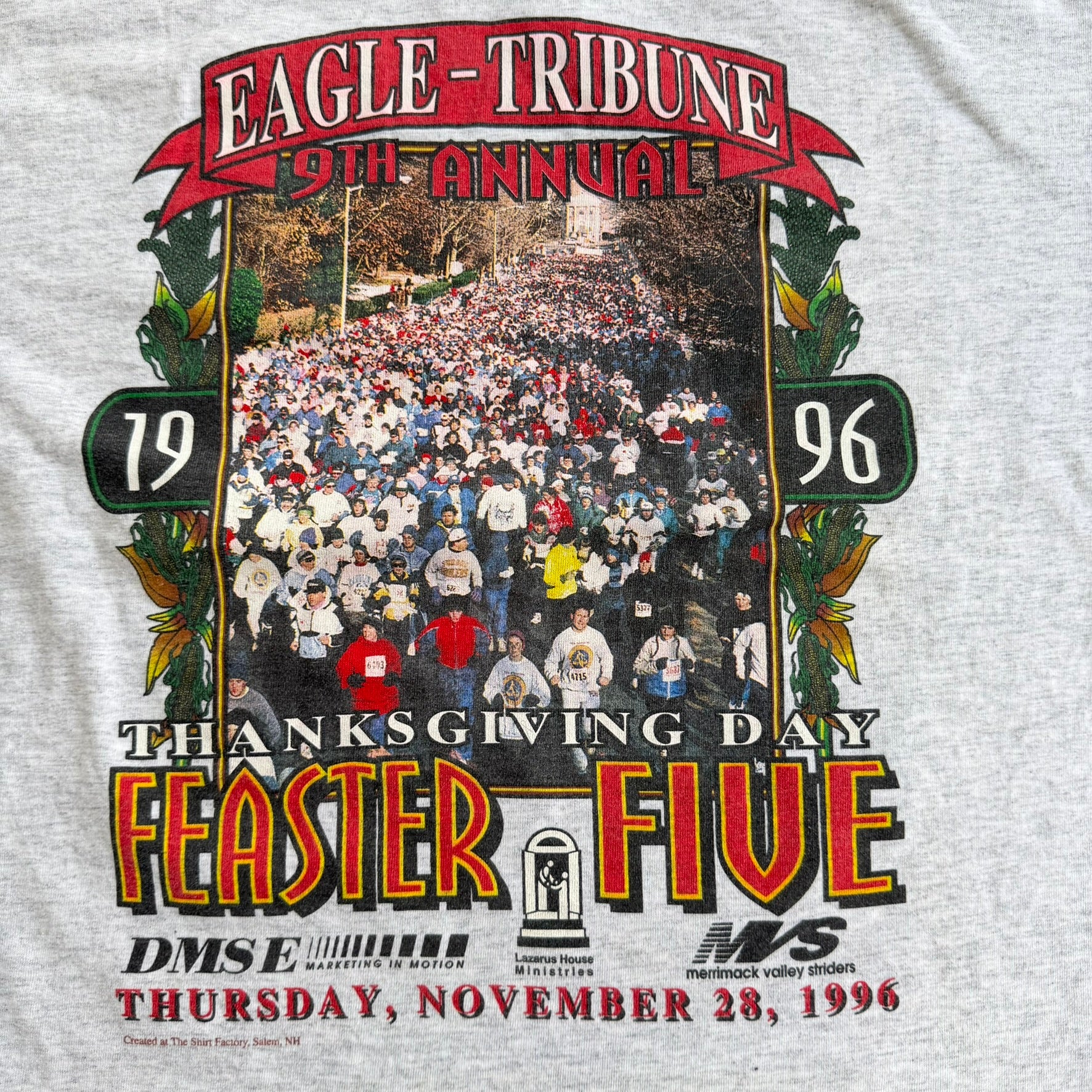 J- Vintage '96 Feaster Five Thanksgiving Run Graphic Made In USA Cropped Long Sleeve - L