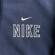 J- Vintage Nike Embroidered Text & Swoosh Navy Zip Up Hoodie - L