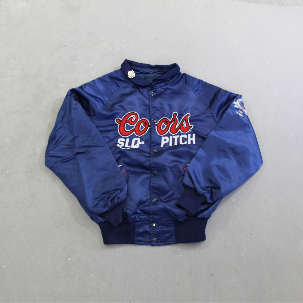 D- Vintage 1990 Calgary Coors Light Slo Pitch Satin Bomber Jacket