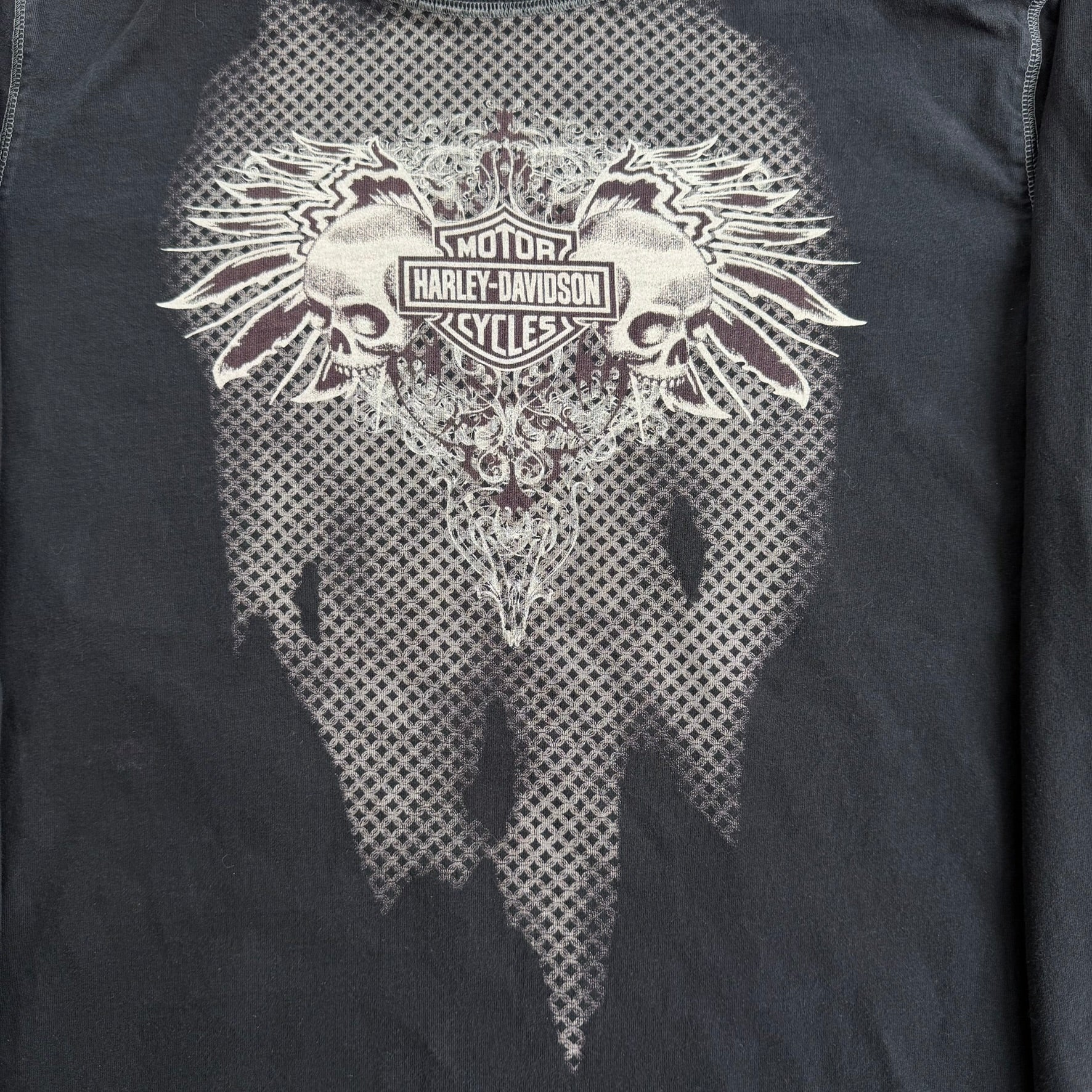 J- Vintage Harley Davidson Y2K Style Skulls Graphic & Text Long Sleeve Tee - L
