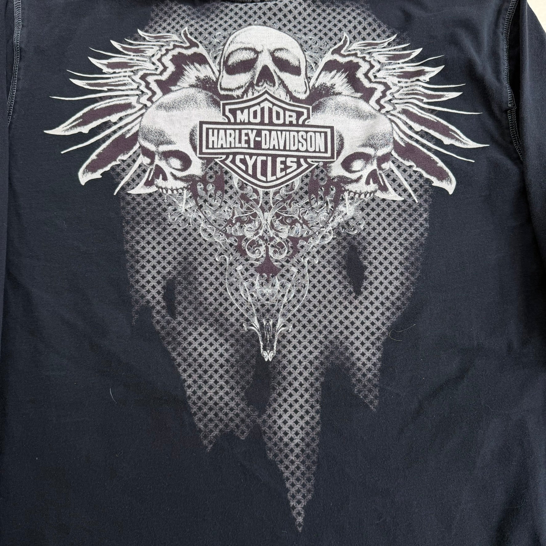 J- Vintage Harley Davidson Y2K Style Skulls Graphic & Text Long Sleeve Tee - L