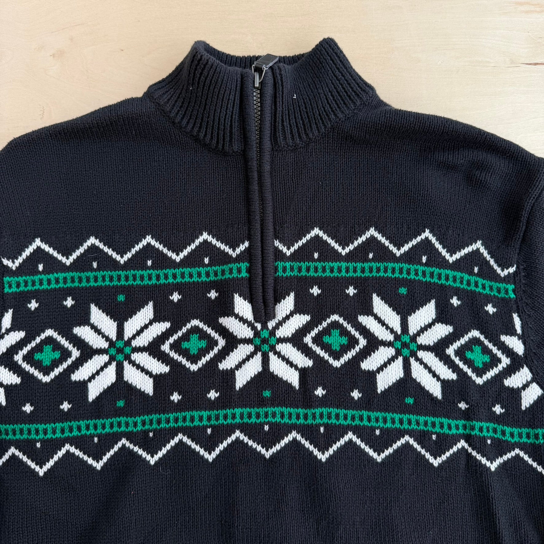 J- Vintage Chaps RL Patterned Black Quarter Zip Knit Sweater - L