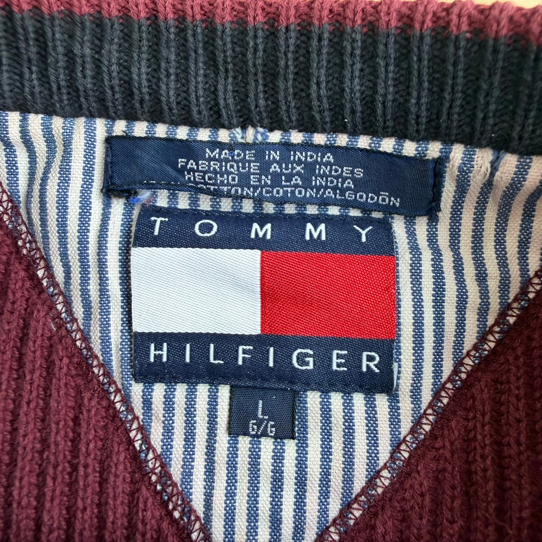 J- Vintage Tommy Hilfiger Embroidered Crest Maroon Knit Sweater - L