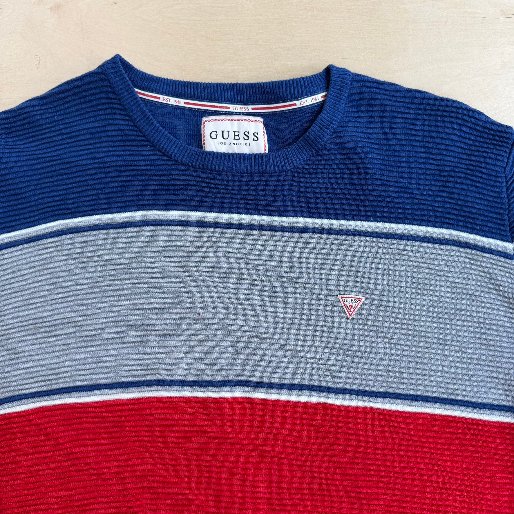 J- Vintage Guess Los Angeles Embroidered Logo Red/Grey/Navy Knit Sweater - L
