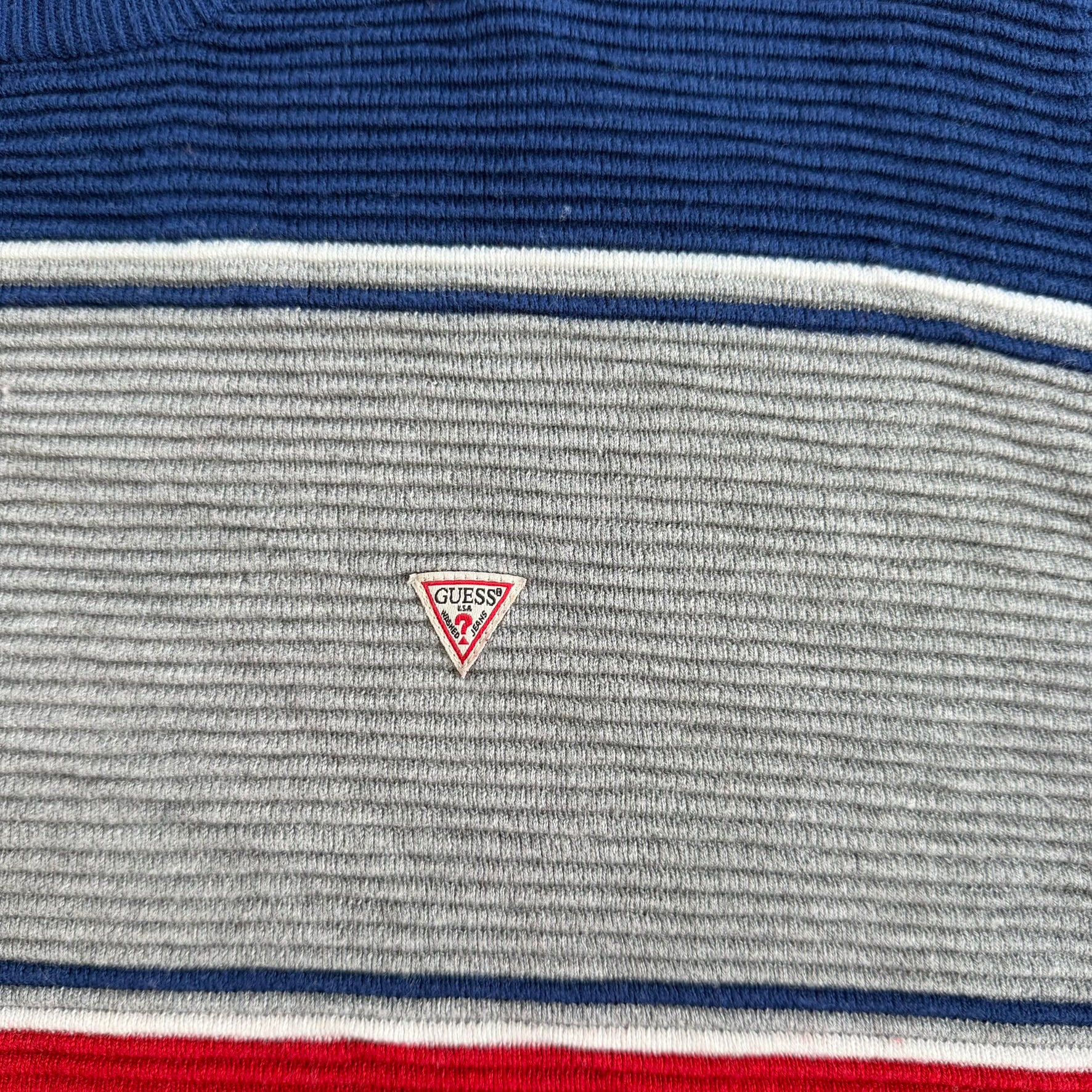 J- Vintage Guess Los Angeles Embroidered Logo Red/Grey/Navy Knit Sweater - L