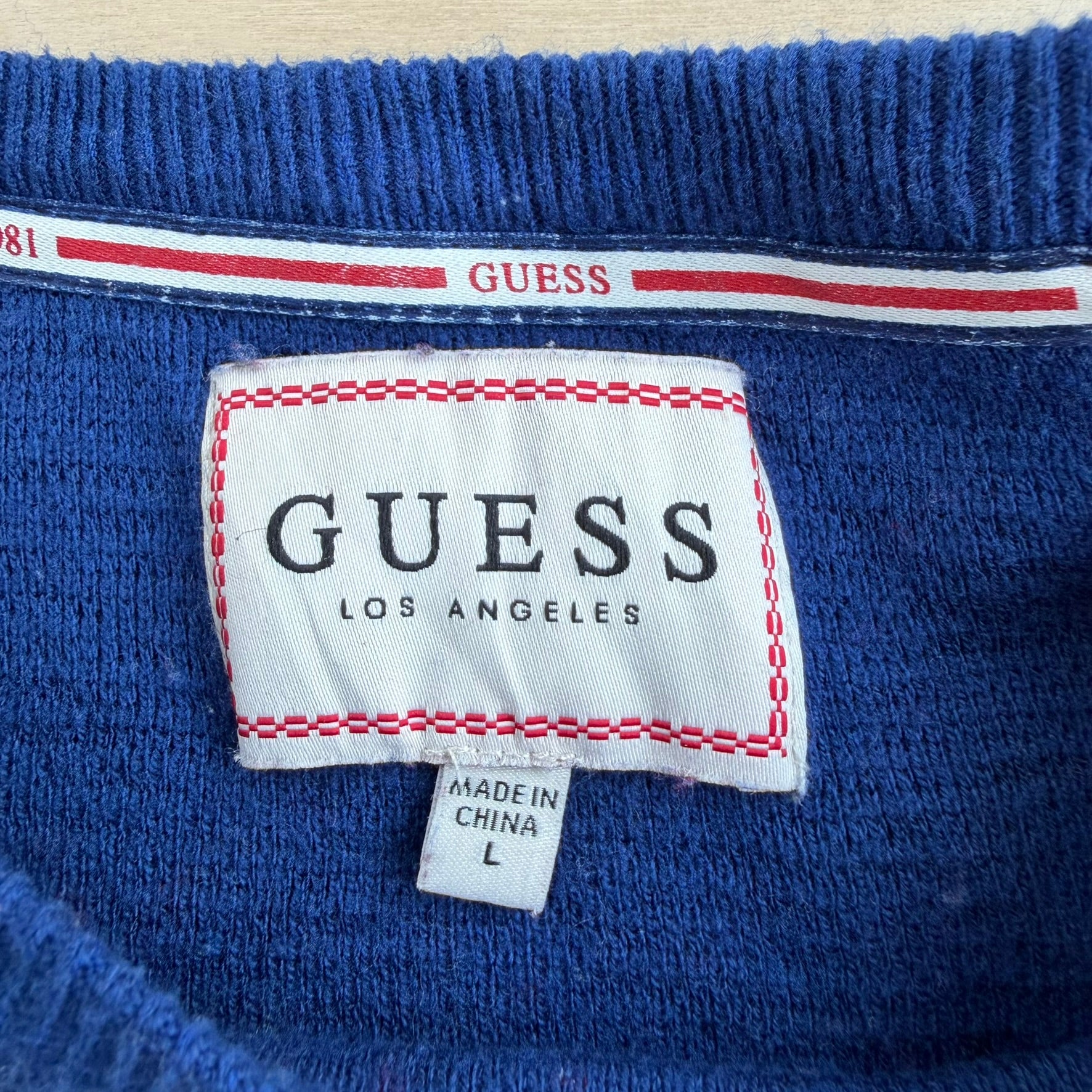 J- Vintage Guess Los Angeles Embroidered Logo Red/Grey/Navy Knit Sweater - L