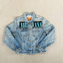 Load image into Gallery viewer, F- HOM Nirvana Heart Shaped Box Reworked Custom Denim Jacket
