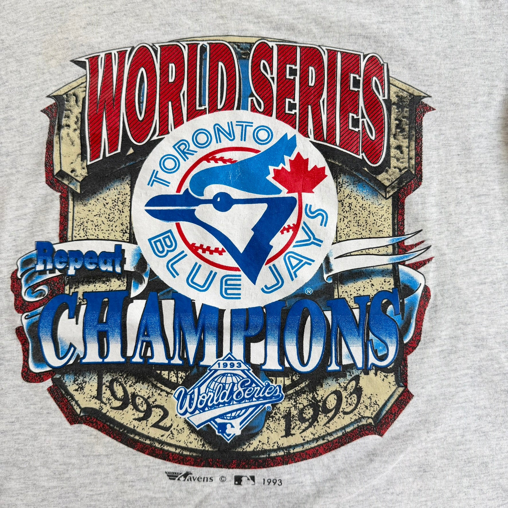 J- Vintage '93 Toronto Blue Jays MLB World Series Champions Graphic Single Stitch Tee - L