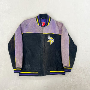 F- Vintage Minnesota Vikings NFL Embroidered Logo Suede Jacket
