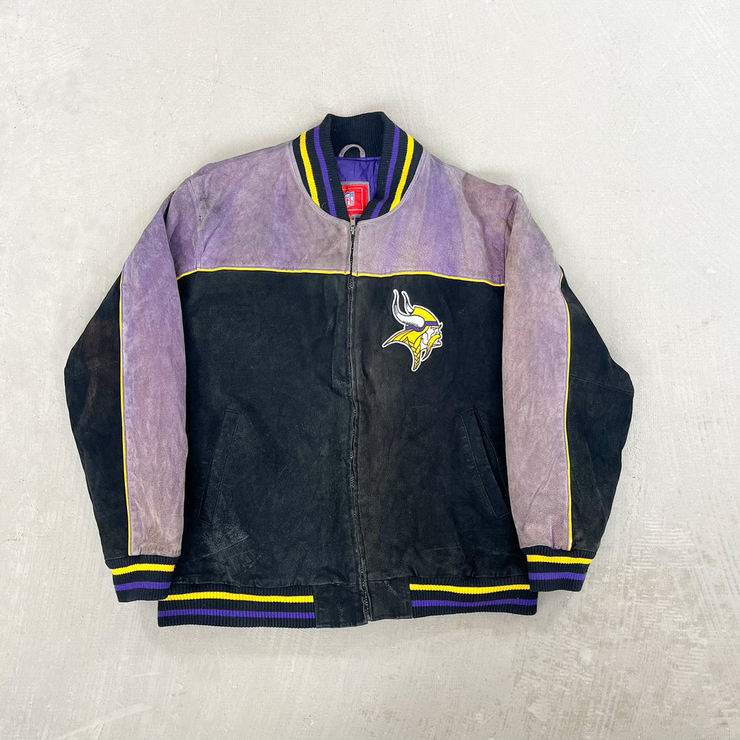 F- Vintage Minnesota Vikings NFL Embroidered Logo Suede Jacket