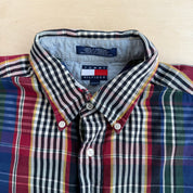 J- Vintage Tommy Hilfiger Embroidered Crest Plaid Pattern Button Down Shirt - XL