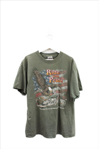 X - Vintage Ride With Pride American Flag Eagle & Motorcycle Tee